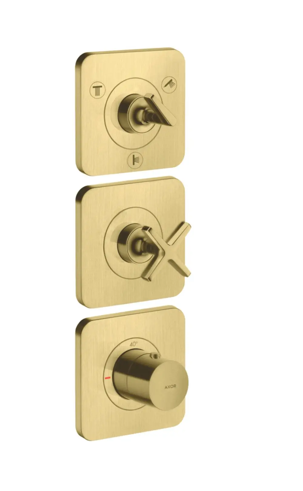Thermostatmodul mit drei Bedienelementen in gebürstetem Messing, geeignet für Unterputzinstallation. Produkte der Marke AXOR.